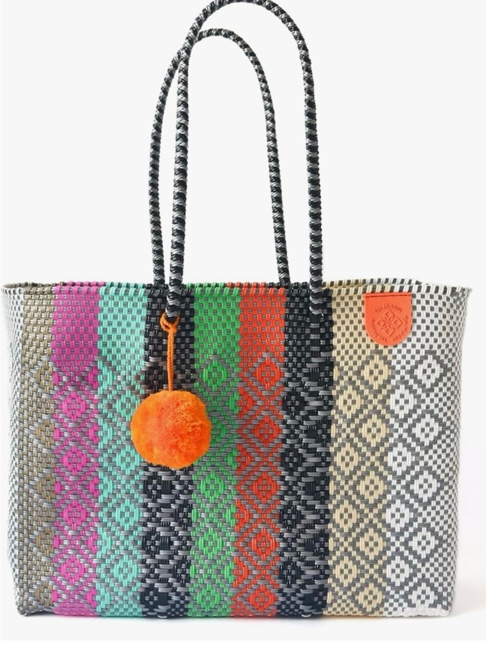 NWOT Tin Marin Basket SUPER TOTE Purse Recycled Plastic Beach Colorful Pompom